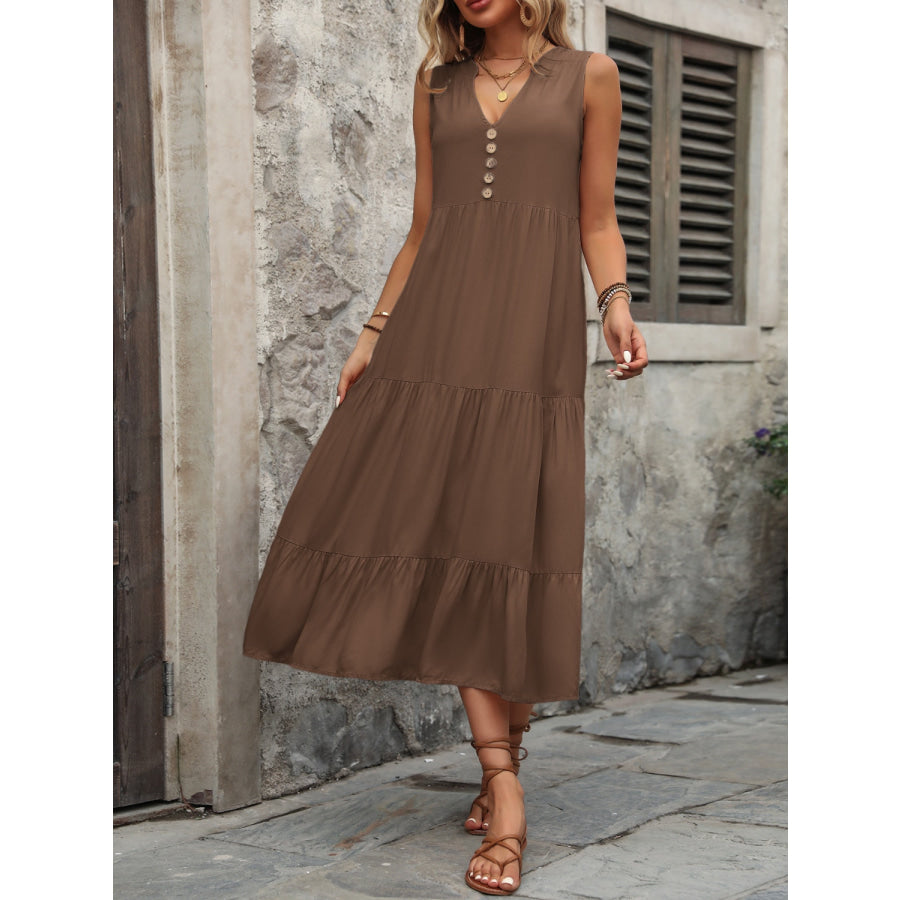 Decorative Button Notched Sleeveless Dress Apparel and Accessories