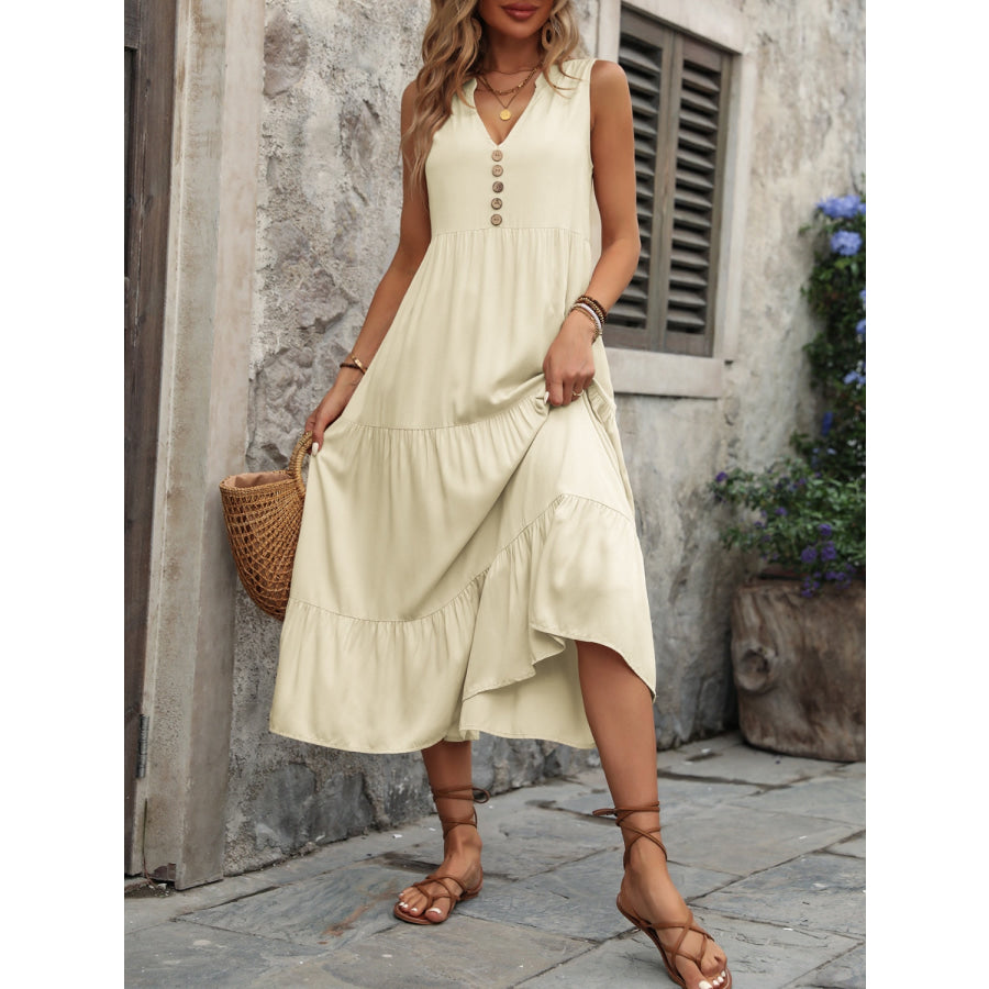 Decorative Button Notched Sleeveless Dress Beige / S Apparel and Accessories