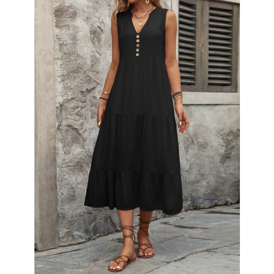 Decorative Button Notched Sleeveless Dress Black / S Apparel and Accessories