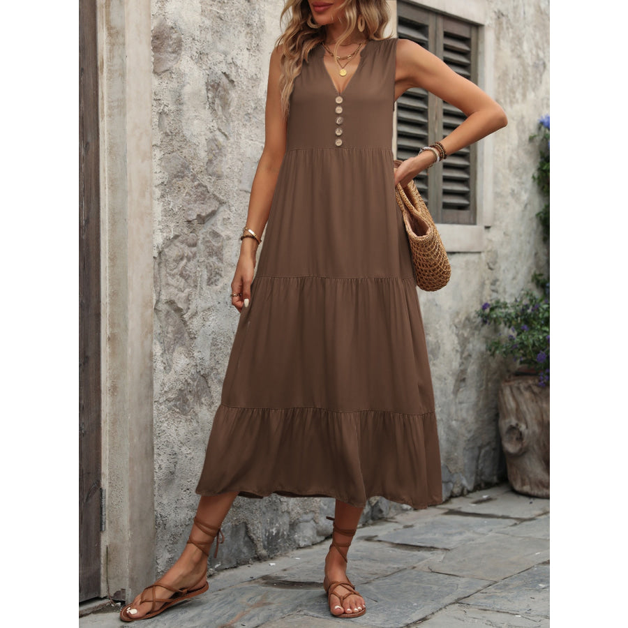 Decorative Button Notched Sleeveless Dress Chestnut / S Apparel and Accessories