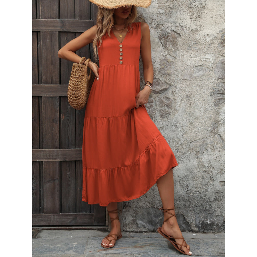 Decorative Button Notched Sleeveless Dress Red Orange / S Apparel and Accessories