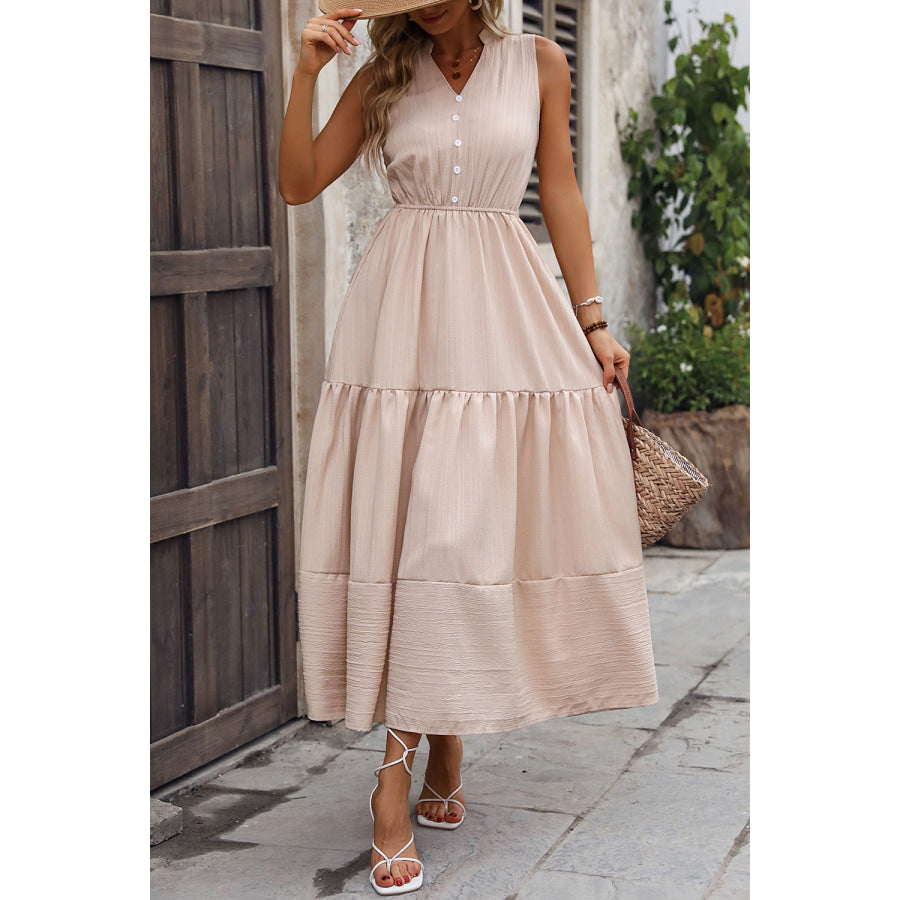 Decorative Button Notched Tiered Dress Apparel and Accessories