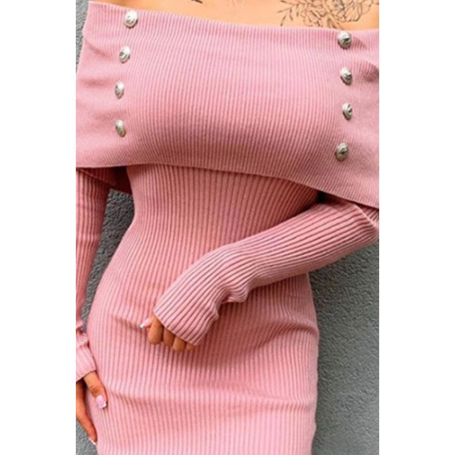 Decorative Button Off-Shoulder Long Sleeve Dress Apparel and Accessories