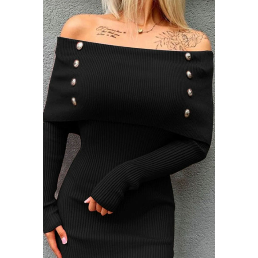Decorative Button Off-Shoulder Long Sleeve Dress Apparel and Accessories