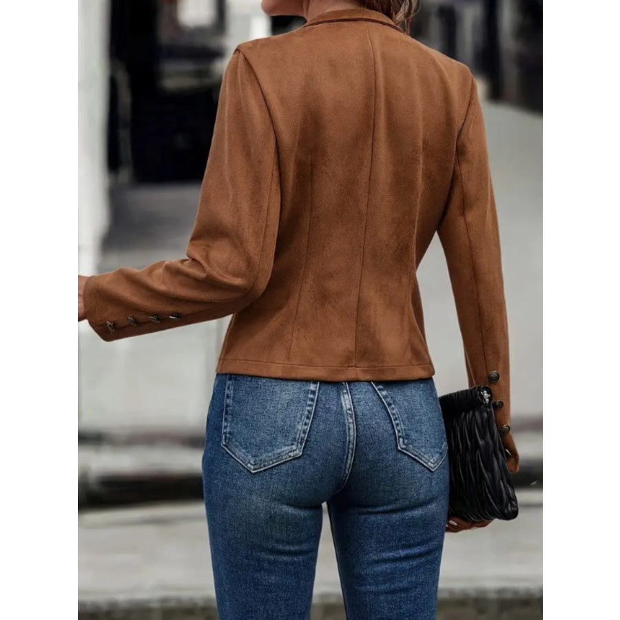 Decorative Button Open Front Long Sleeve Jacket Brown / S Apparel and Accessories