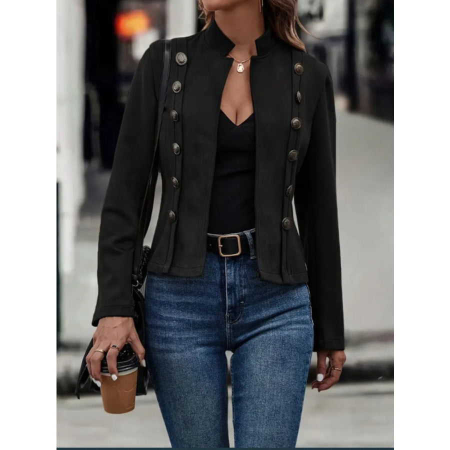 Decorative Button Open Front Long Sleeve Jacket Black / S Apparel and Accessories