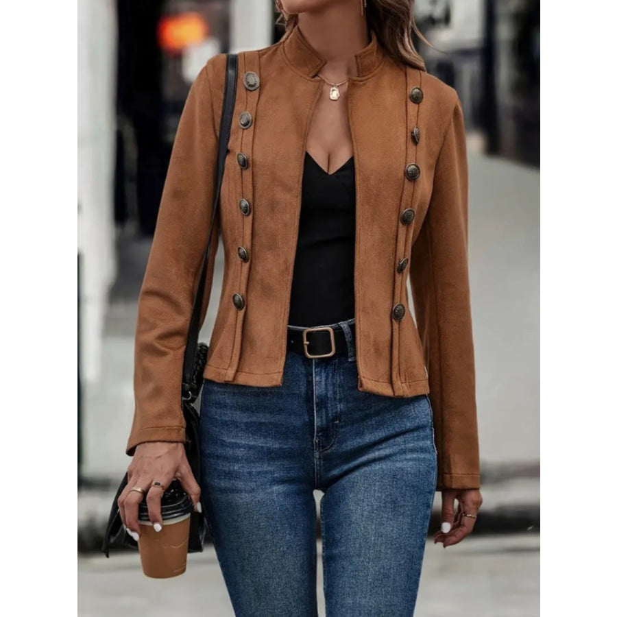 Decorative Button Open Front Long Sleeve Jacket Brown / S Apparel and Accessories