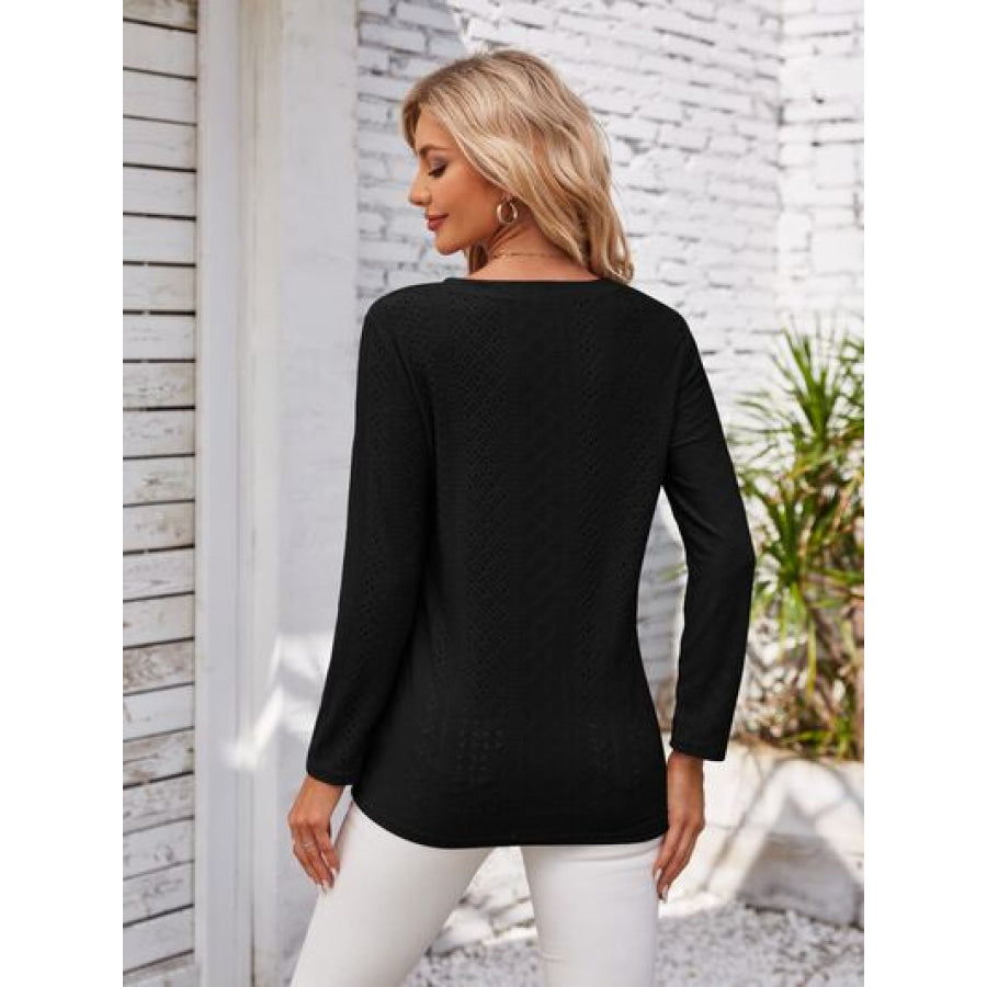 Decorative Button Openwork V - Neck T - Shirt Apparel and Accessories