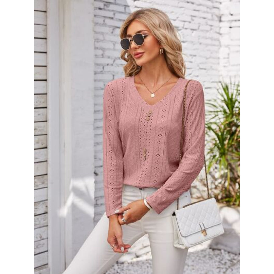Decorative Button Openwork V - Neck T - Shirt Apparel and Accessories