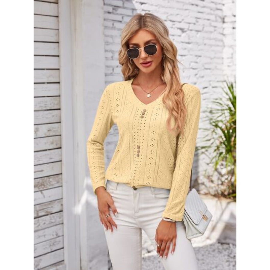 Decorative Button Openwork V - Neck T - Shirt Butter Yellow / S Apparel and Accessories