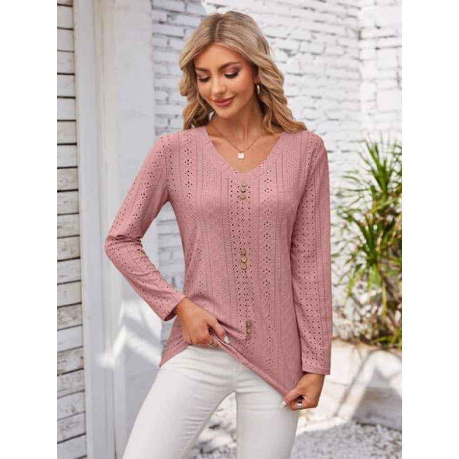 Decorative Button Openwork V - Neck T - Shirt Light Mauve / S Apparel and Accessories