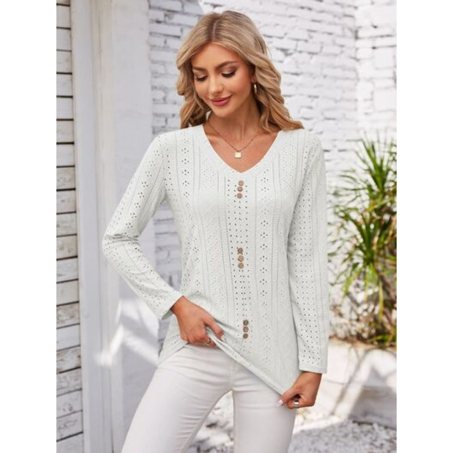 Decorative Button Openwork V - Neck T - Shirt White / S Apparel and Accessories