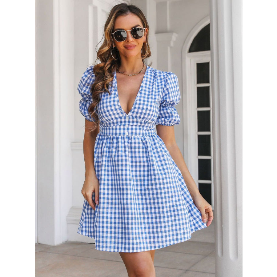 Decorative Button Plaid Short Sleeve Dress Apparel and Accessories