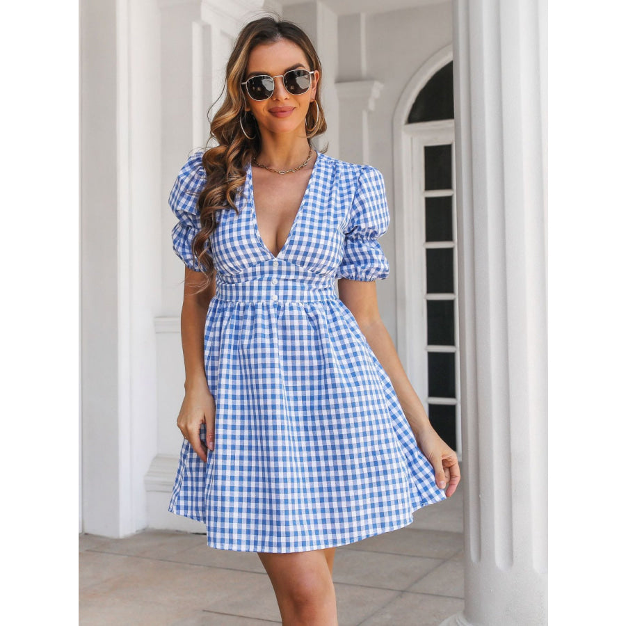 Decorative Button Plaid Short Sleeve Dress Apparel and Accessories