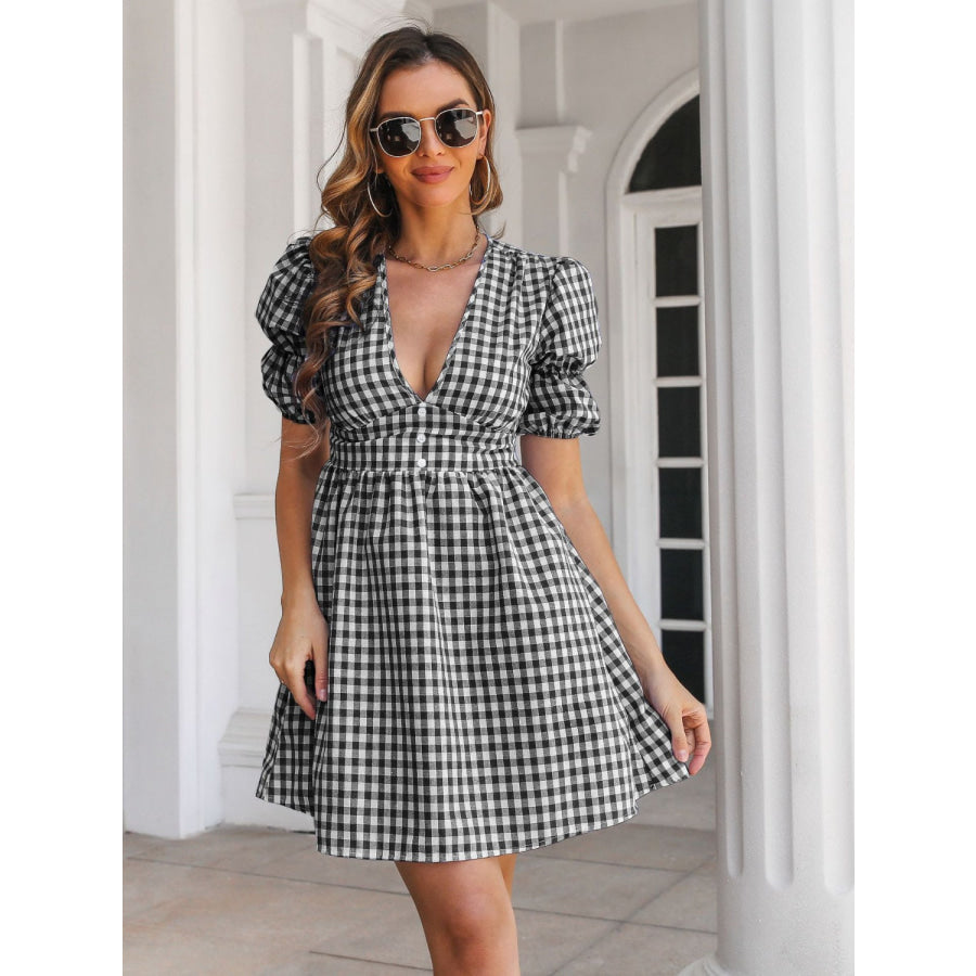 Decorative Button Plaid Short Sleeve Dress Apparel and Accessories