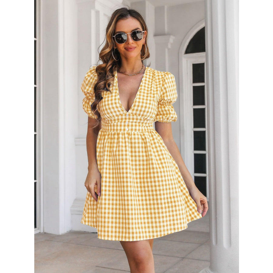 Decorative Button Plaid Short Sleeve Dress Apparel and Accessories