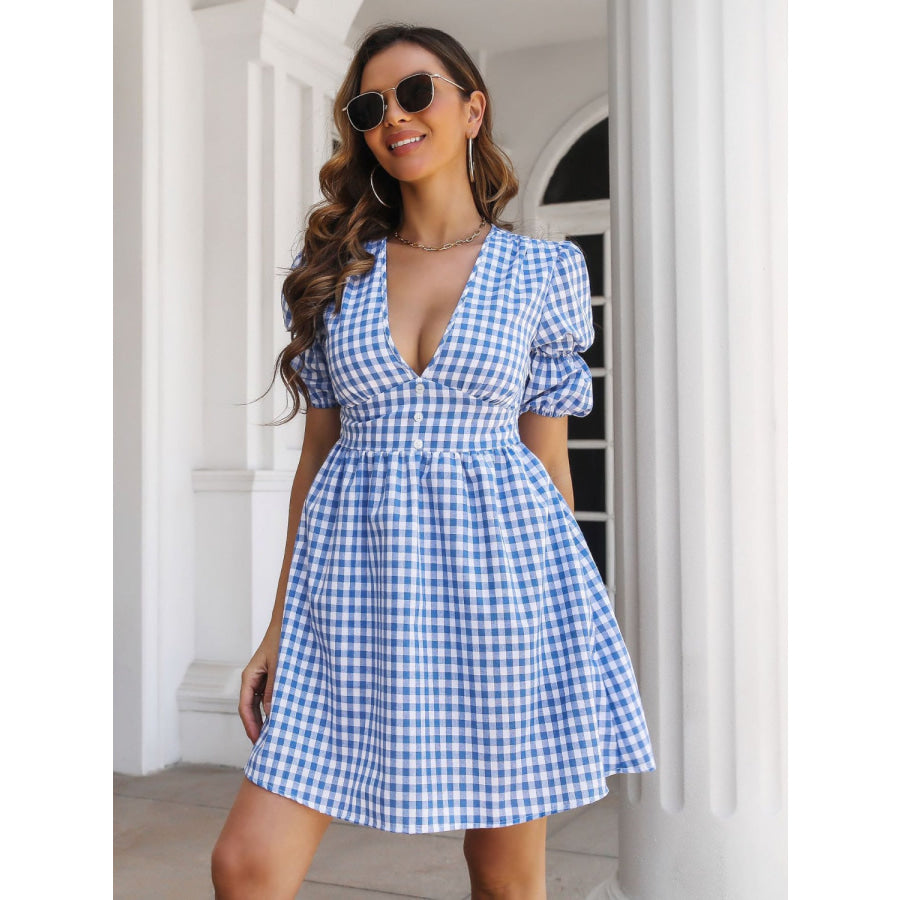 Decorative Button Plaid Short Sleeve Dress Apparel and Accessories