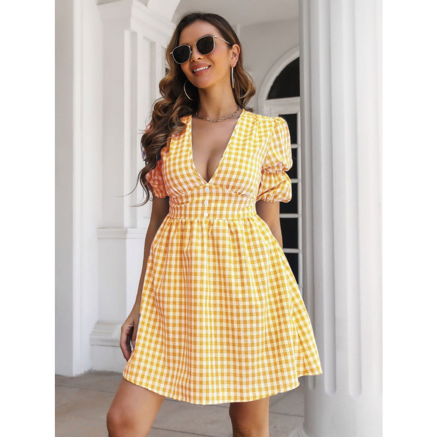 Decorative Button Plaid Short Sleeve Dress Yellow / S Apparel and Accessories