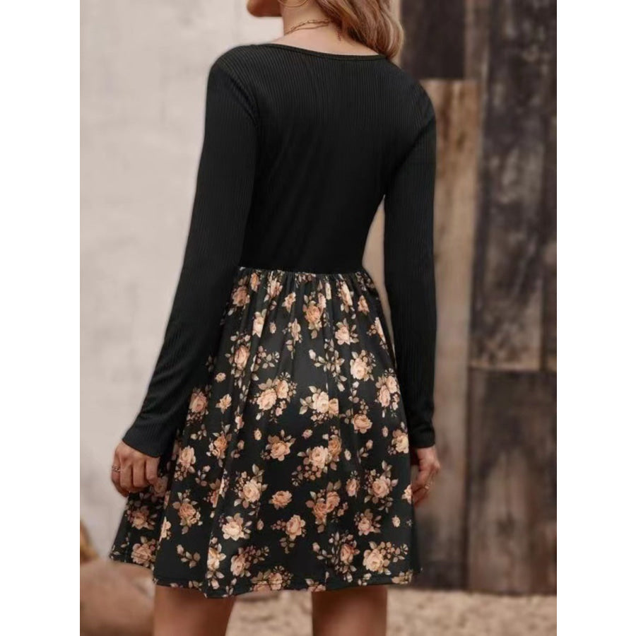 Decorative Button Printed Long Sleeve Mini Dress Black / S Apparel and Accessories