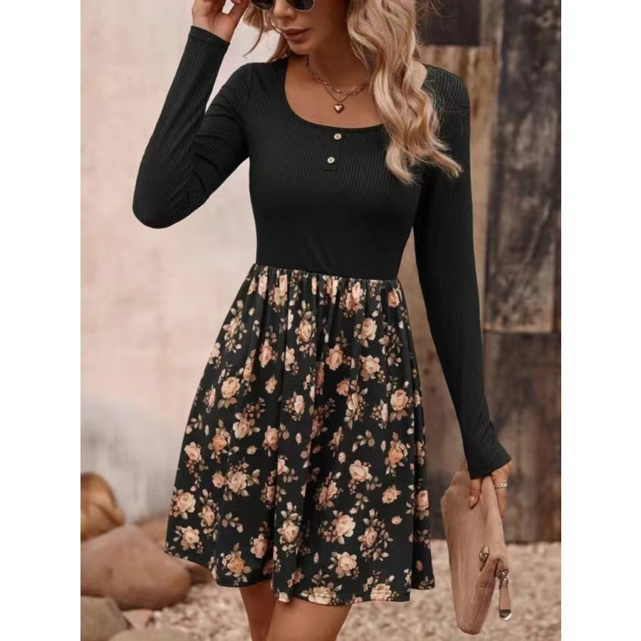 Decorative Button Printed Long Sleeve Mini Dress Black / S Apparel and Accessories