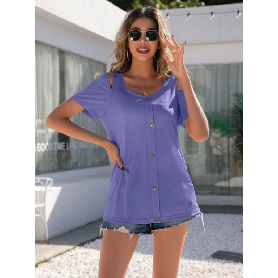 Decorative Button Round Neck Cold Shoulder T - Shirt Apparel and Accessories
