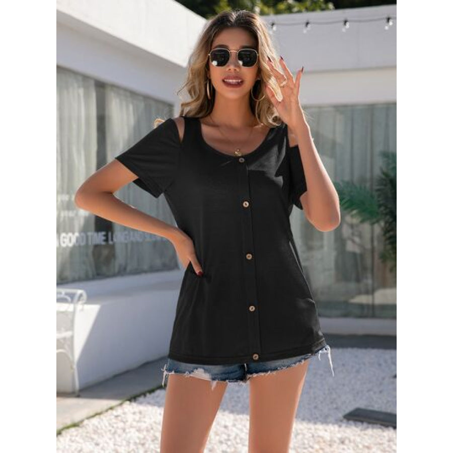 Decorative Button Round Neck Cold Shoulder T - Shirt Apparel and Accessories