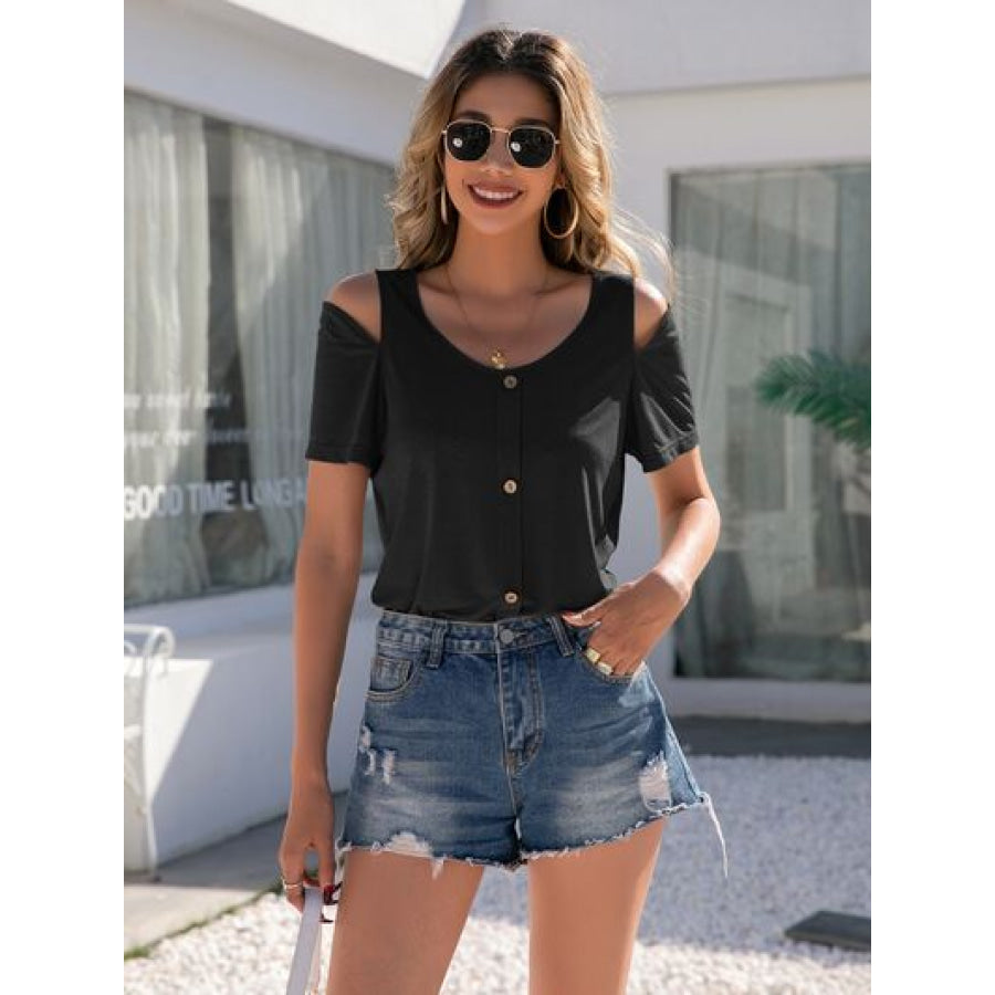 Decorative Button Round Neck Cold Shoulder T - Shirt Black / S Apparel and Accessories