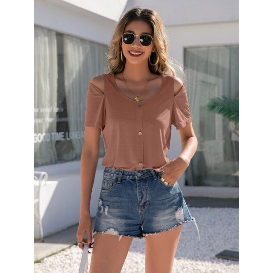Decorative Button Round Neck Cold Shoulder T - Shirt Light Mauve / S Apparel and Accessories