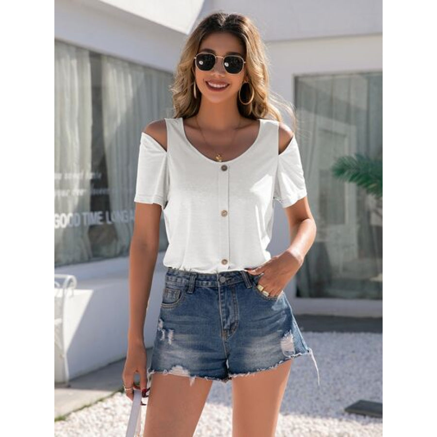 Decorative Button Round Neck Cold Shoulder T - Shirt White / S Apparel and Accessories