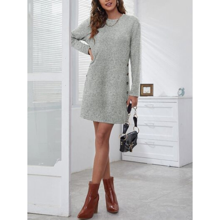 Decorative Button Round Neck Dress Clothing