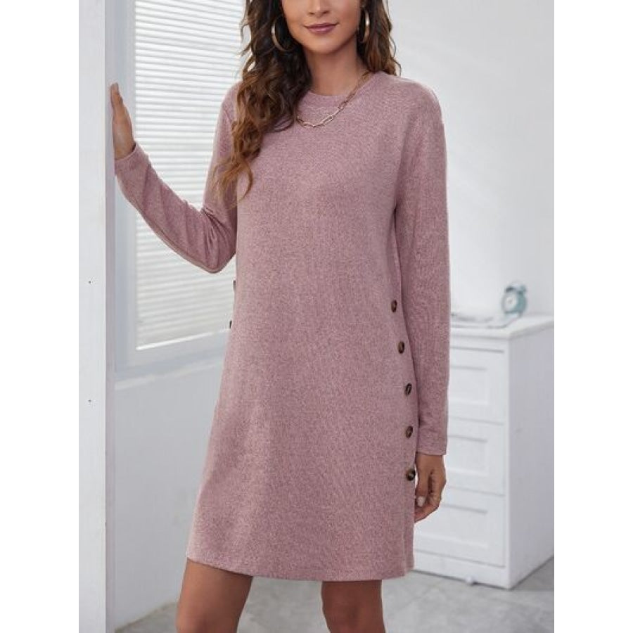 Decorative Button Round Neck Dress Clothing