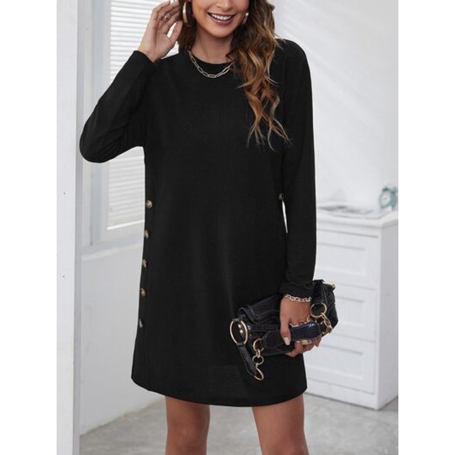 Decorative Button Round Neck Dress Clothing