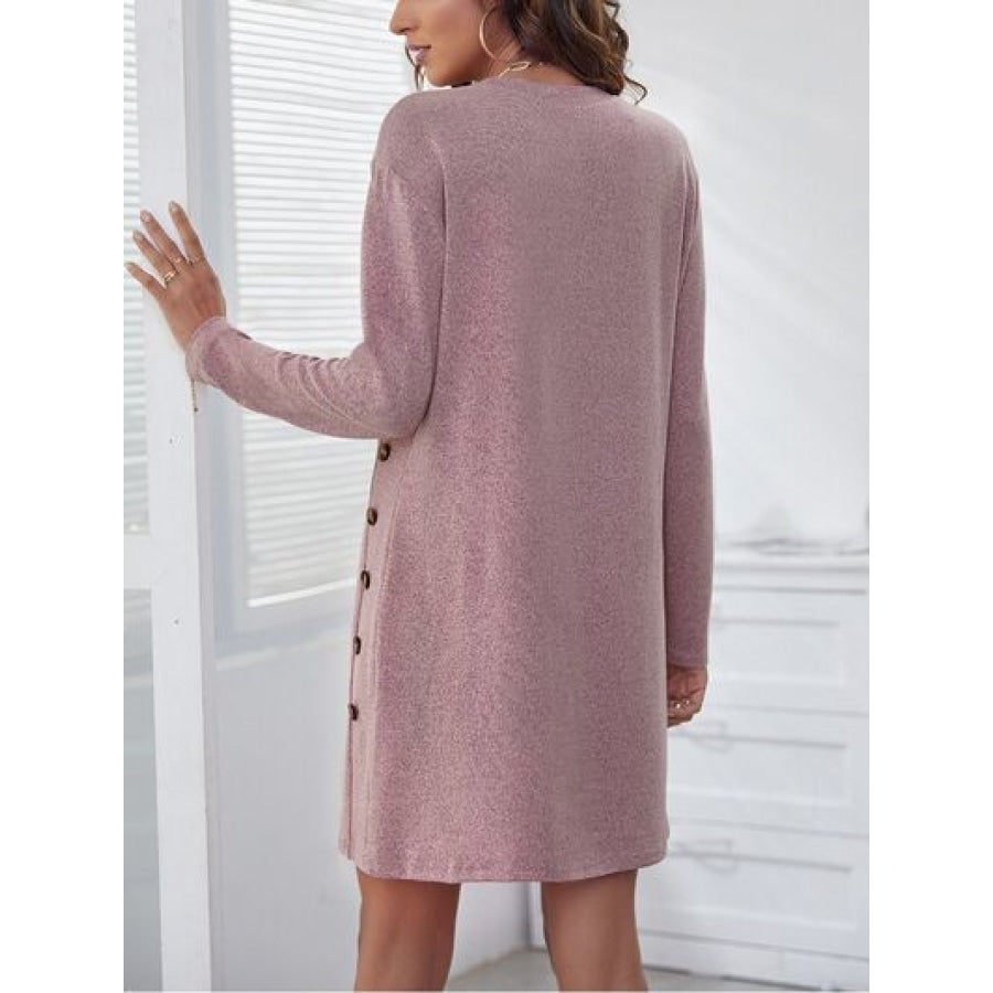 Decorative Button Round Neck Dress Light Mauve / S Clothing