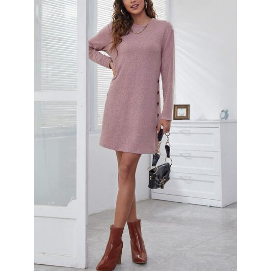 Decorative Button Round Neck Dress Clothing