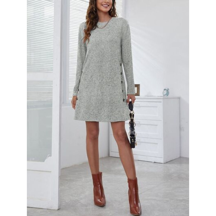 Decorative Button Round Neck Dress Clothing