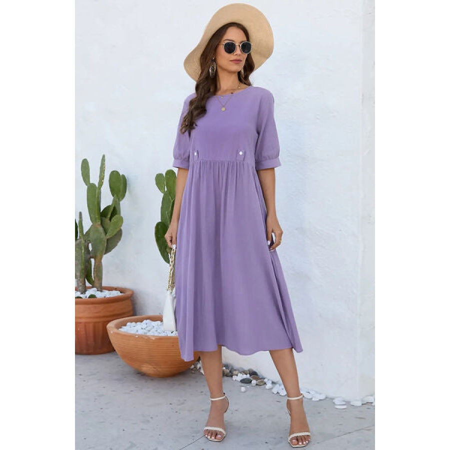 Decorative Button Round Neck Half Sleeve Dress Apparel and Accessories