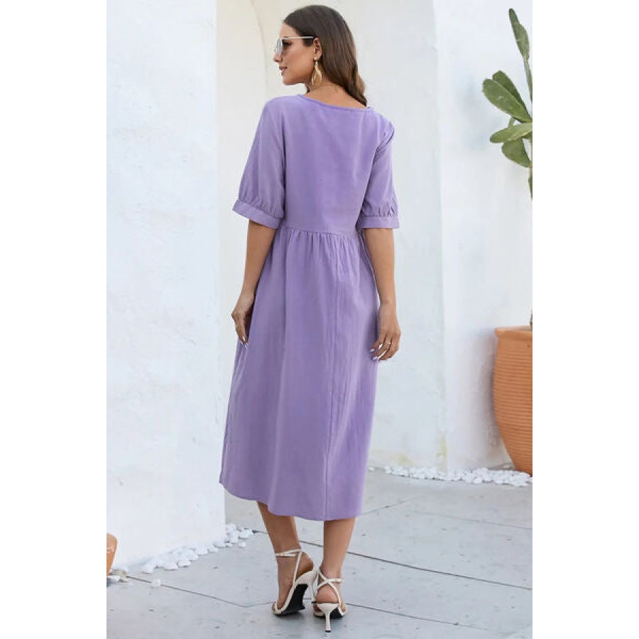 Decorative Button Round Neck Half Sleeve Dress Lavender / S Apparel and Accessories