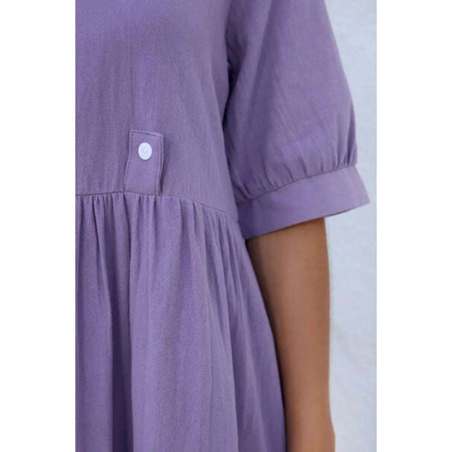 Decorative Button Round Neck Half Sleeve Dress Apparel and Accessories