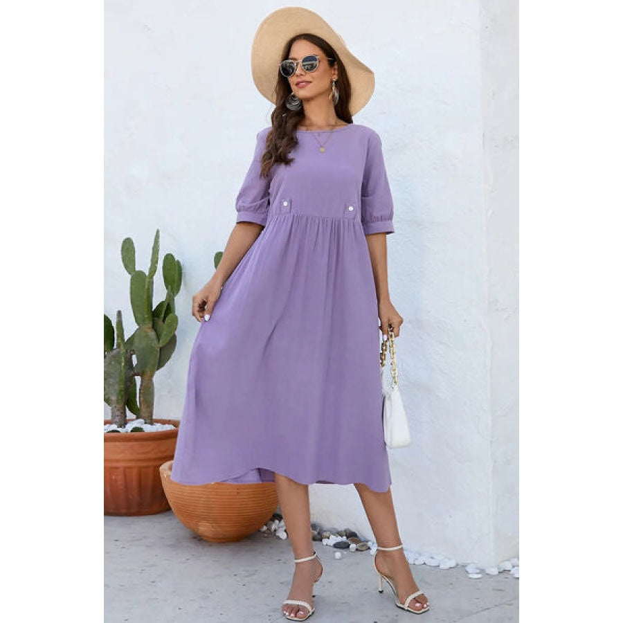 Decorative Button Round Neck Half Sleeve Dress Lavender / S Apparel and Accessories