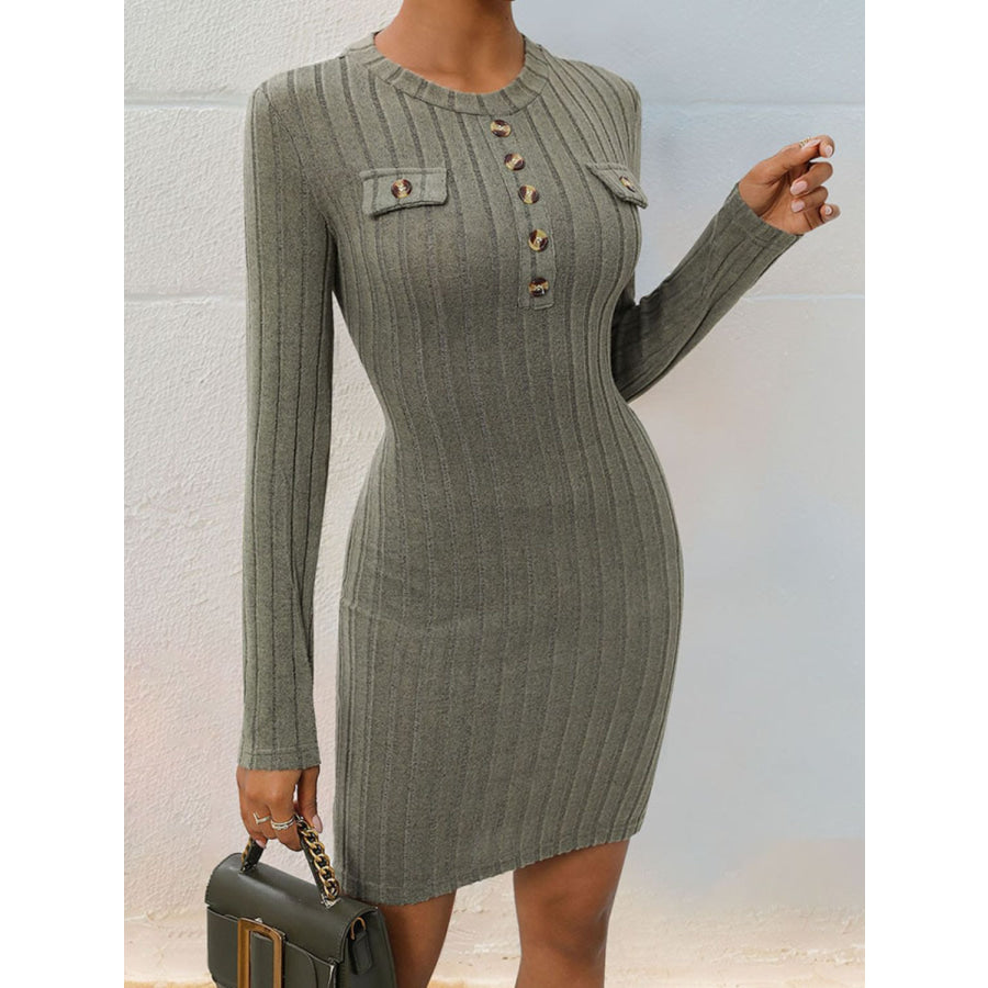 Decorative Button Round Neck Long Sleeve Dress Apparel and Accessories