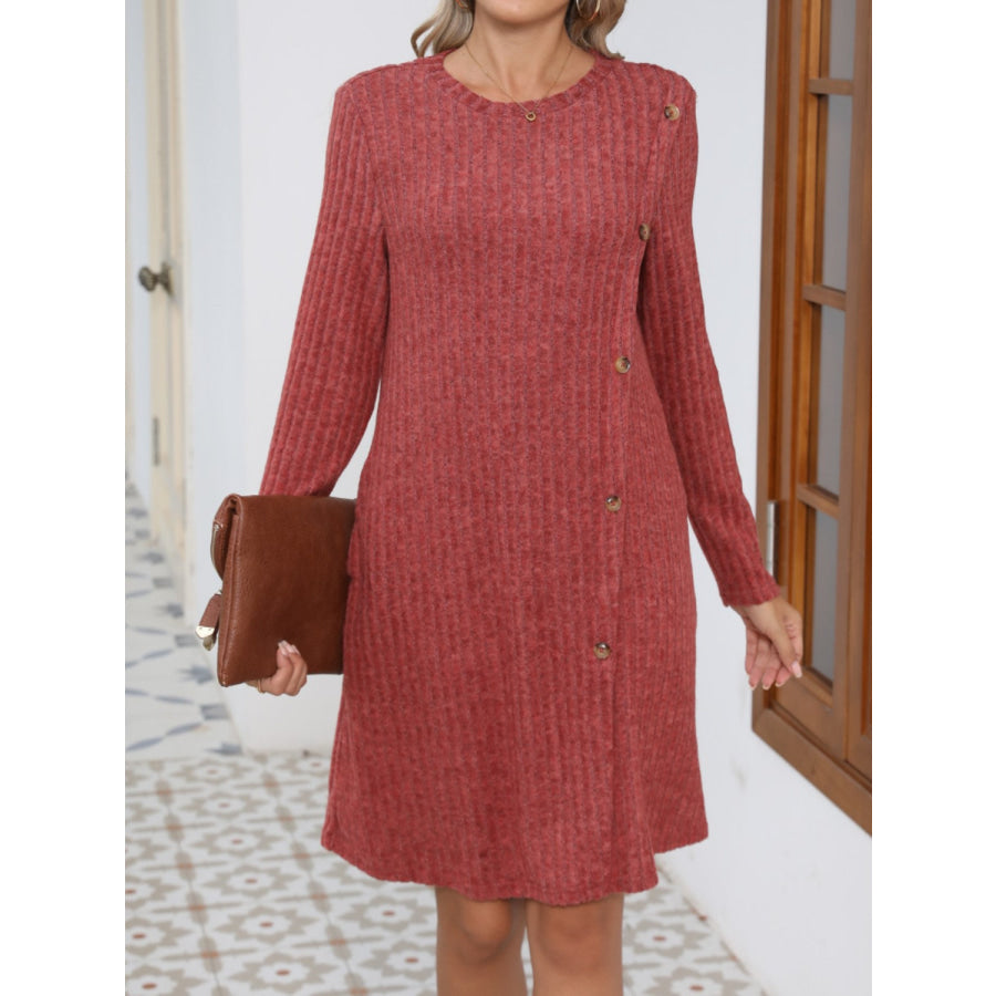 Decorative Button Round Neck Long Sleeve Dress Rust / S Apparel and Accessories