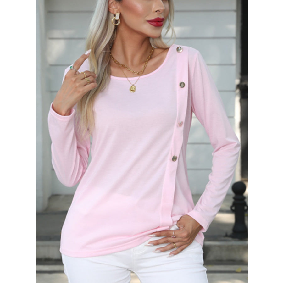 Decorative Button Round Neck Long Sleeve T - Shirt Apparel and Accessories