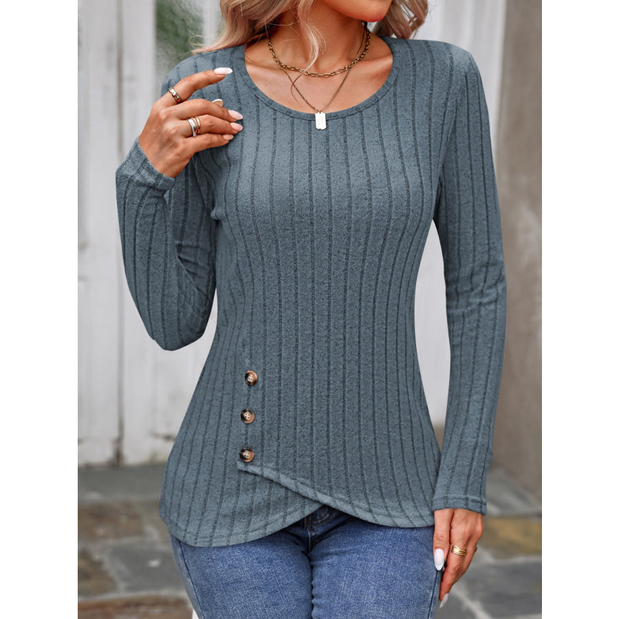 Decorative Button Round Neck Long Sleeve T-Shirt Apparel and Accessories