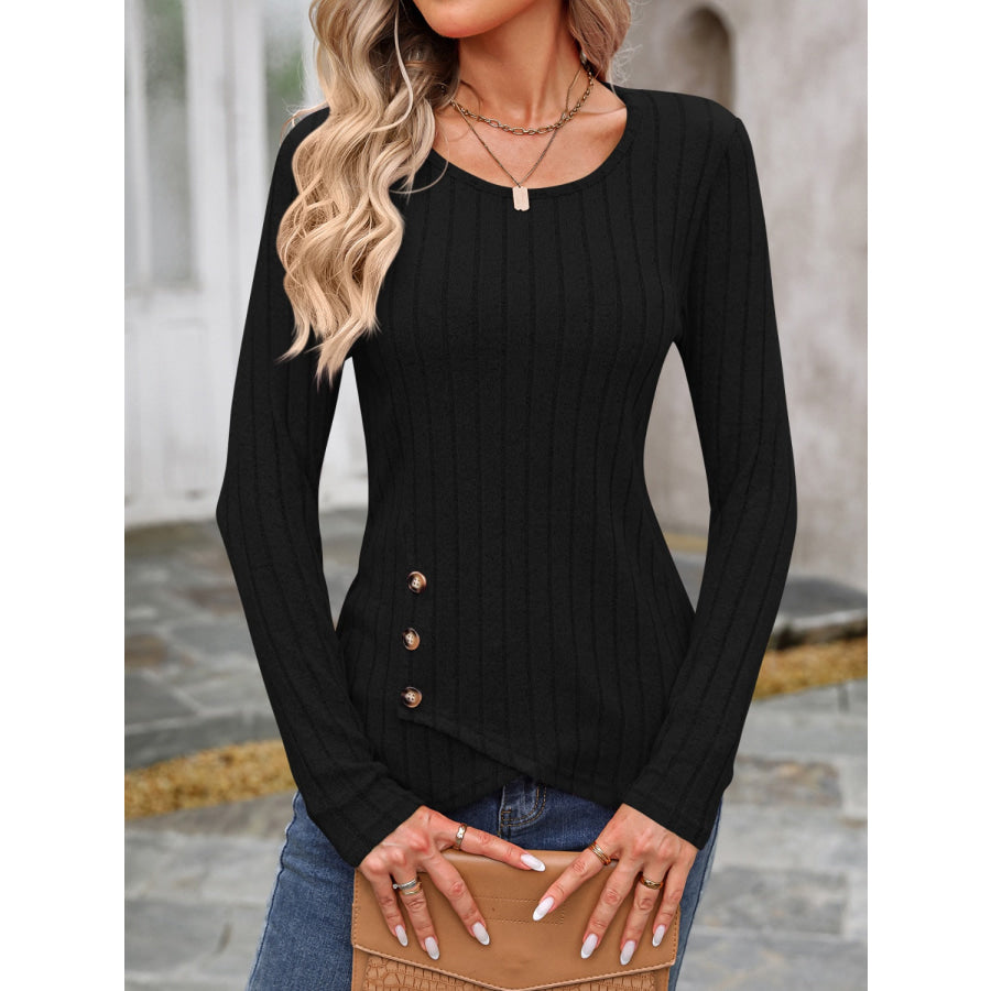 Decorative Button Round Neck Long Sleeve T-Shirt Apparel and Accessories