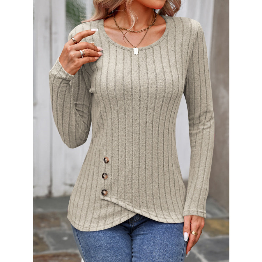 Decorative Button Round Neck Long Sleeve T-Shirt Apparel and Accessories