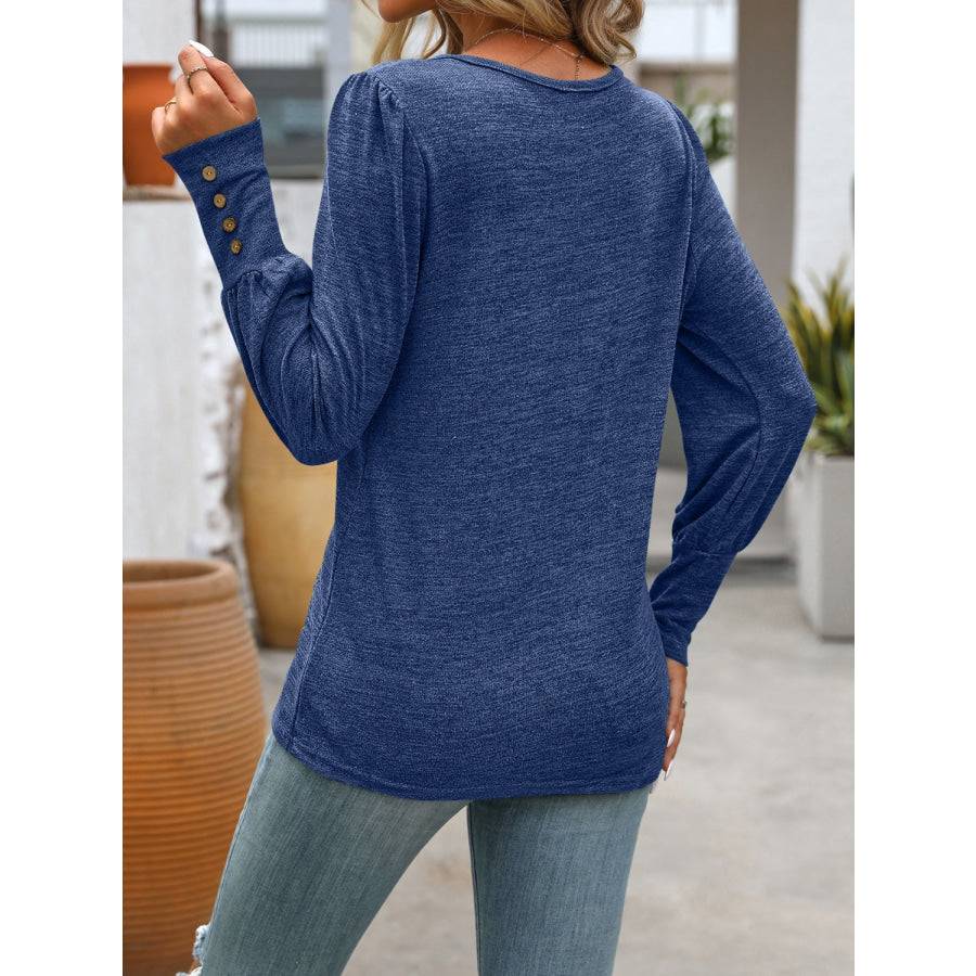Decorative Button Round Neck Long Sleeve T-Shirt Navy / S Apparel and Accessories