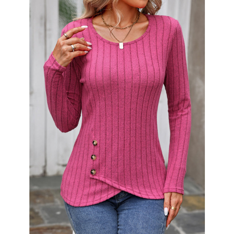 Decorative Button Round Neck Long Sleeve T-Shirt Apparel and Accessories