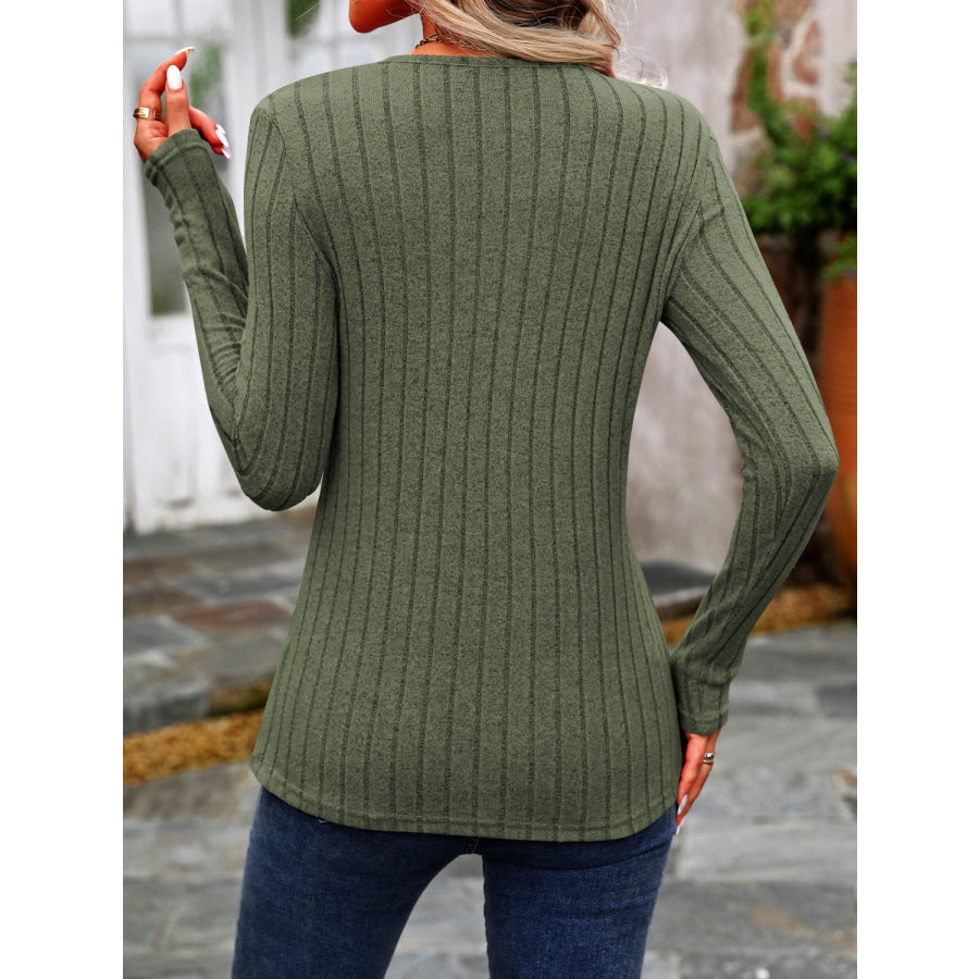 Decorative Button Round Neck Long Sleeve T-Shirt Apparel and Accessories