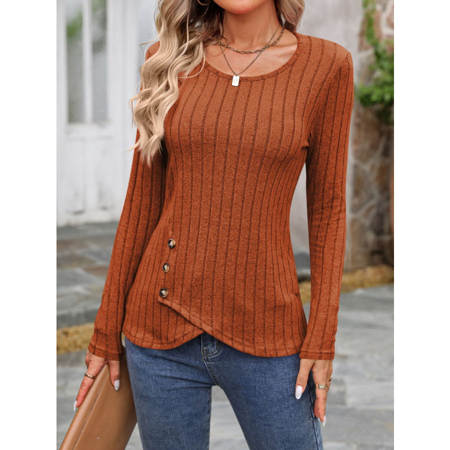 Decorative Button Round Neck Long Sleeve T-Shirt Apparel and Accessories