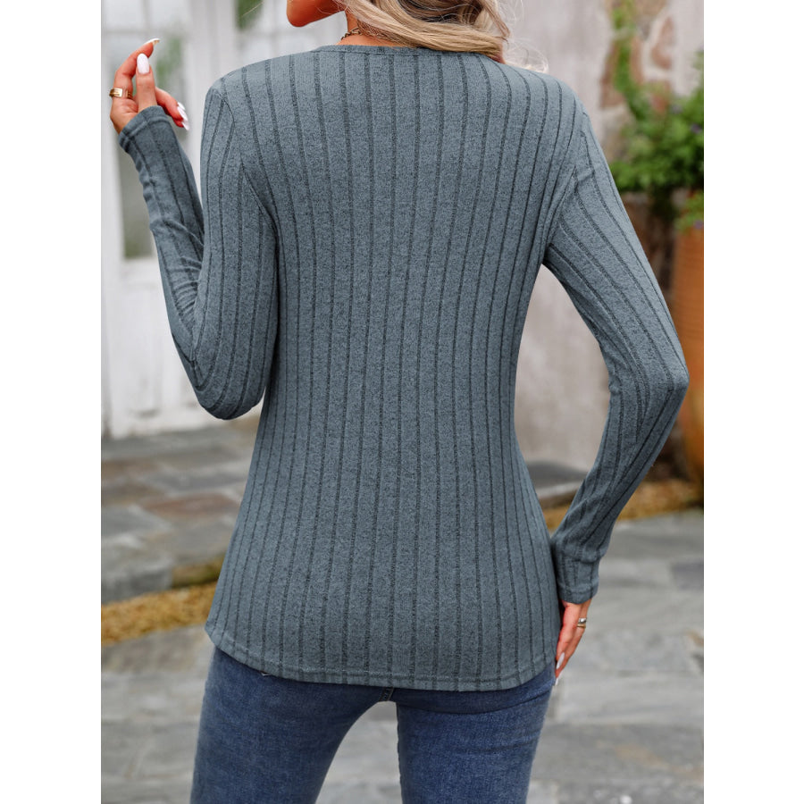 Decorative Button Round Neck Long Sleeve T-Shirt Apparel and Accessories